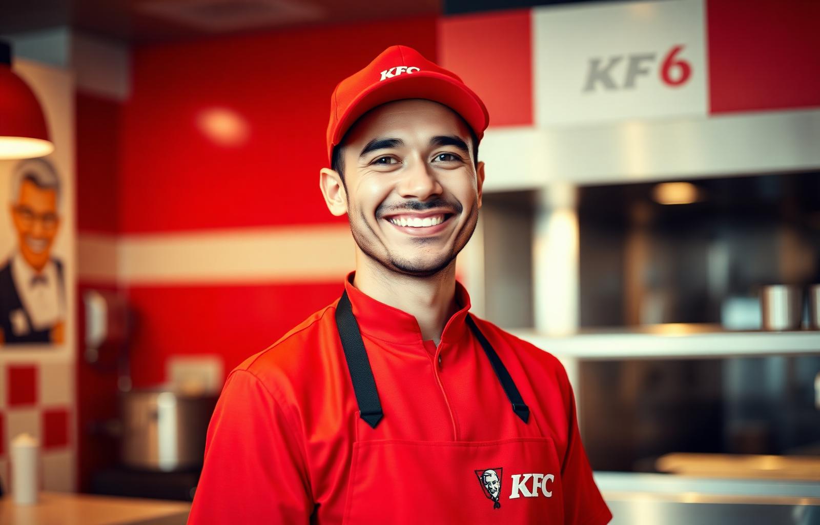 KFC crew member smiling in restaurant